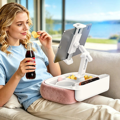 Esamcore Tablet Pillow Stand with Snack Tray & Adjustable Arm - Holds 4.7-14.6" Phone, Tablet, Kindle, Laptop - Soft, Machine Washable Cover for Hands-Free Viewing on Bed, Couch, Floor
