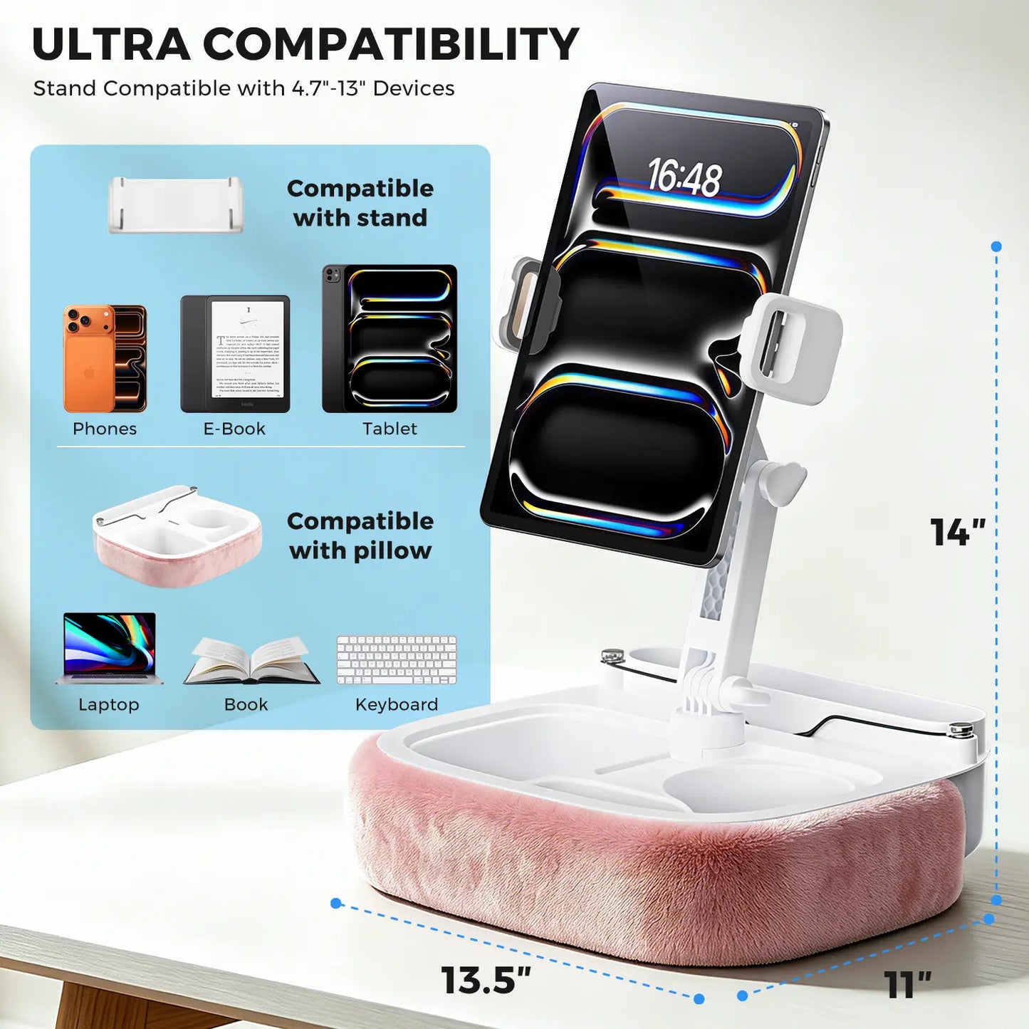 Esamcore Tablet Pillow Stand with Snack Tray & Adjustable Arm - Holds 4.7-14.6" Phone, Tablet, Kindle, Laptop - Soft, Machine Washable Cover for Hands-Free Viewing on Bed, Couch, Floor