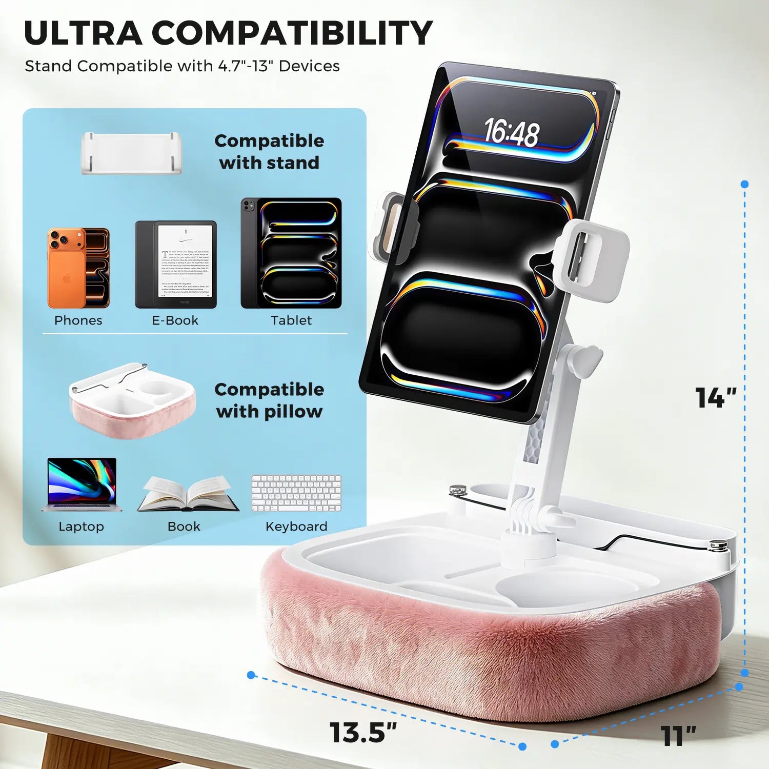 Esamcore Tablet Pillow Stand with Snack Tray & Adjustable Arm - Holds 4.7-14.6" Phone, Tablet, Kindle, Laptop - Soft, Machine Washable Cover for Hands-Free Viewing on Bed, Couch, Floor