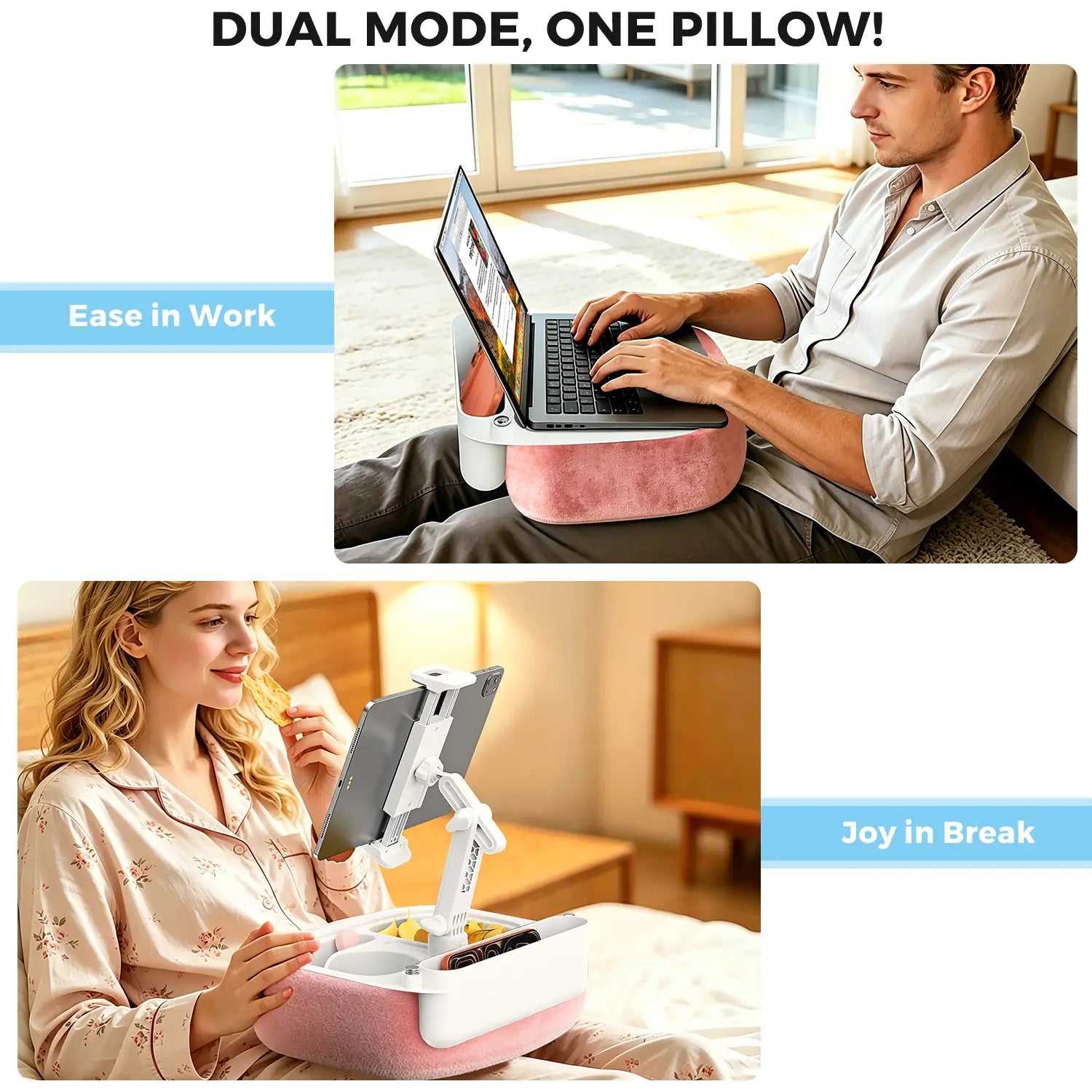 Esamcore Tablet Pillow Stand with Snack Tray & Adjustable Arm - Holds 4.7-14.6" Phone, Tablet, Kindle, Laptop - Soft, Machine Washable Cover for Hands-Free Viewing on Bed, Couch, Floor