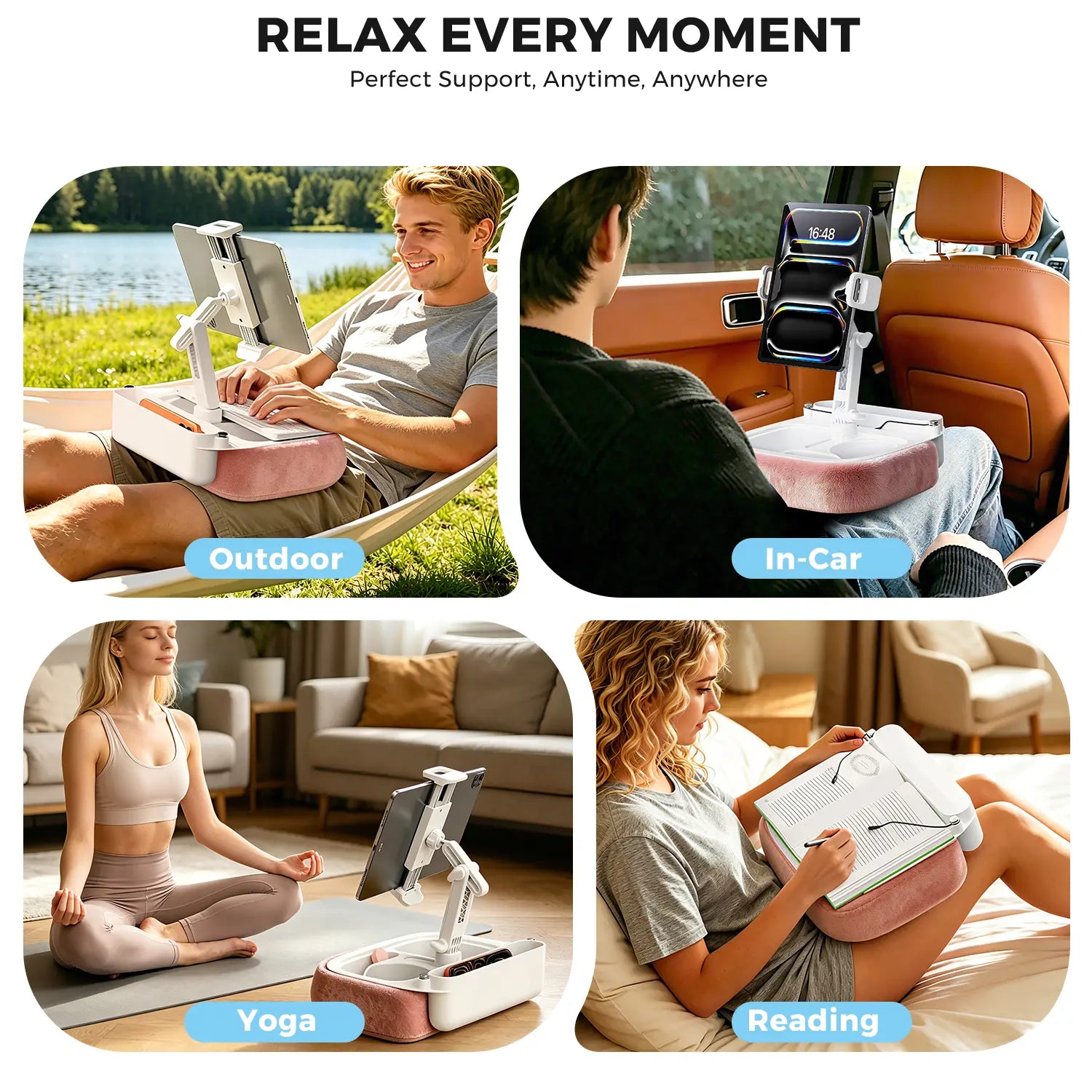 Esamcore Tablet Pillow Stand with Snack Tray & Adjustable Arm - Holds 4.7-14.6" Phone, Tablet, Kindle, Laptop - Soft, Machine Washable Cover for Hands-Free Viewing on Bed, Couch, Floor