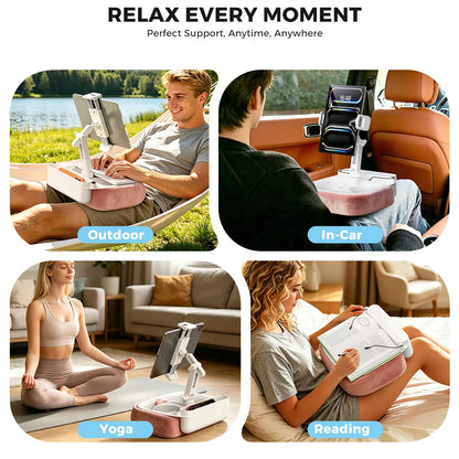 Esamcore Tablet Pillow Stand with Snack Tray & Adjustable Arm - Holds 4.7-14.6" Phone, Tablet, Kindle, Laptop - Soft, Machine Washable Cover for Hands-Free Viewing on Bed, Couch, Floor
